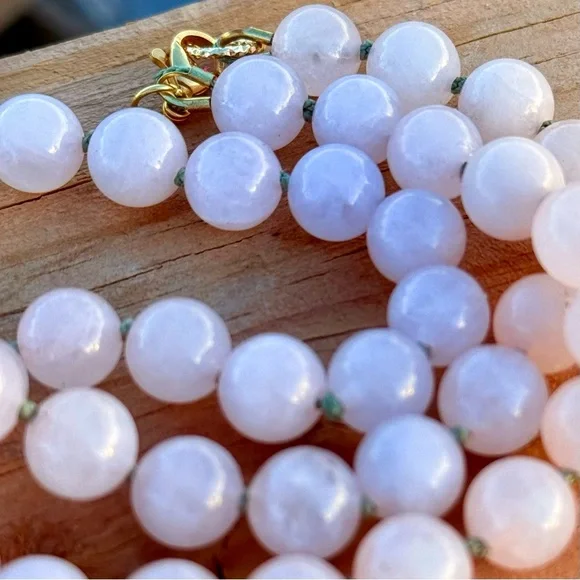 NWT Rose Quartz Choker, Translucent Pink Gem Beads on Green Silk, Hand Knotted - Picture 2 of 10